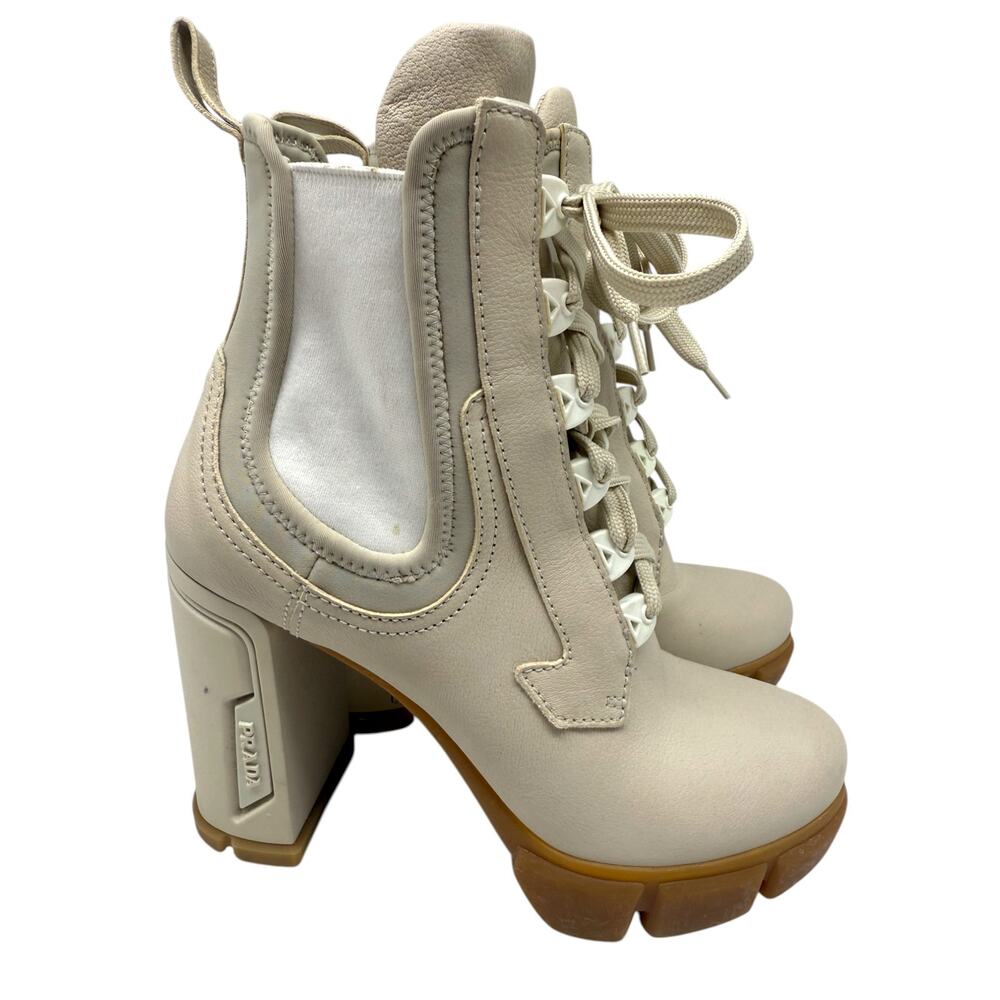 Prada Vanilla Leather and Neoprene Lace-Up Combat Platform Boots Size 39 - Picture 3 of 12